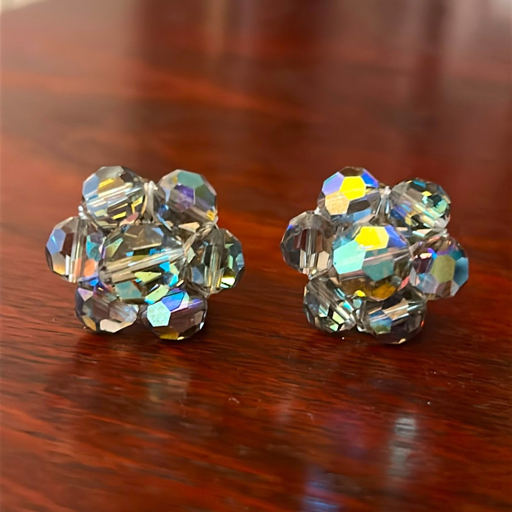 Aurora Borealis Glass / Crystal Bead Cluster Clip Earrings